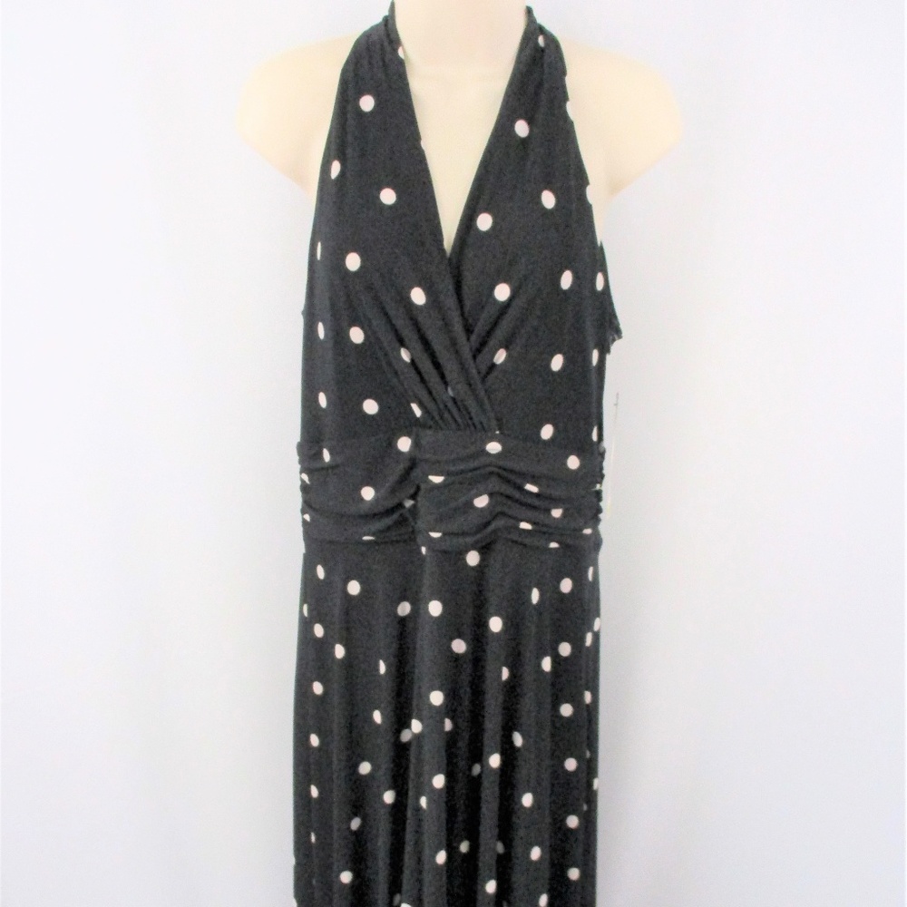 Chaps Black Collins Ave White Polka Dot V-Neck L